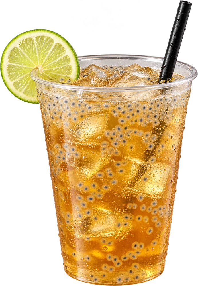 Golden drink in a clear cup with lime and a black straw