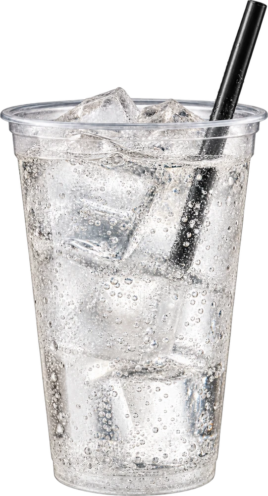 Clear iced drink with a black straw