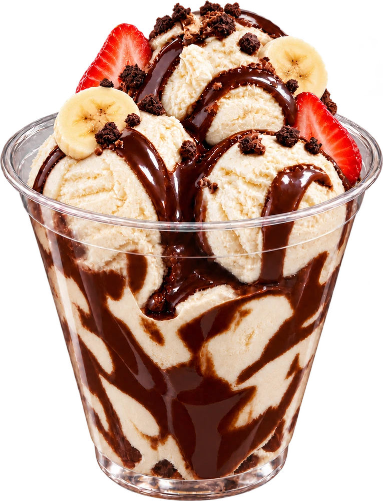 Sundae in a clear cup with fruit and chocolate drizzle