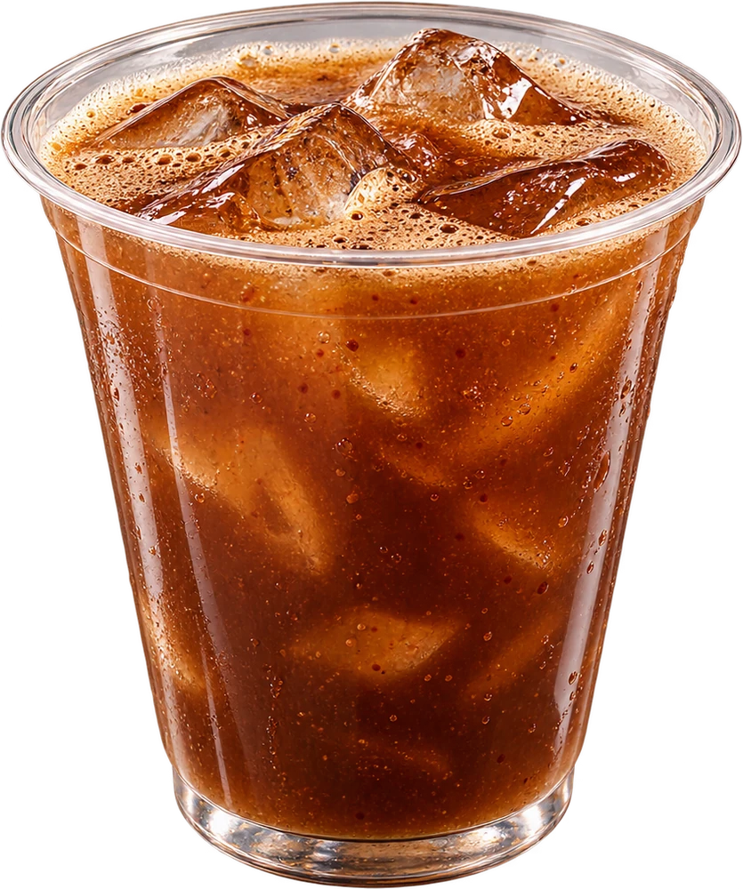Brown iced drink in a clear cup